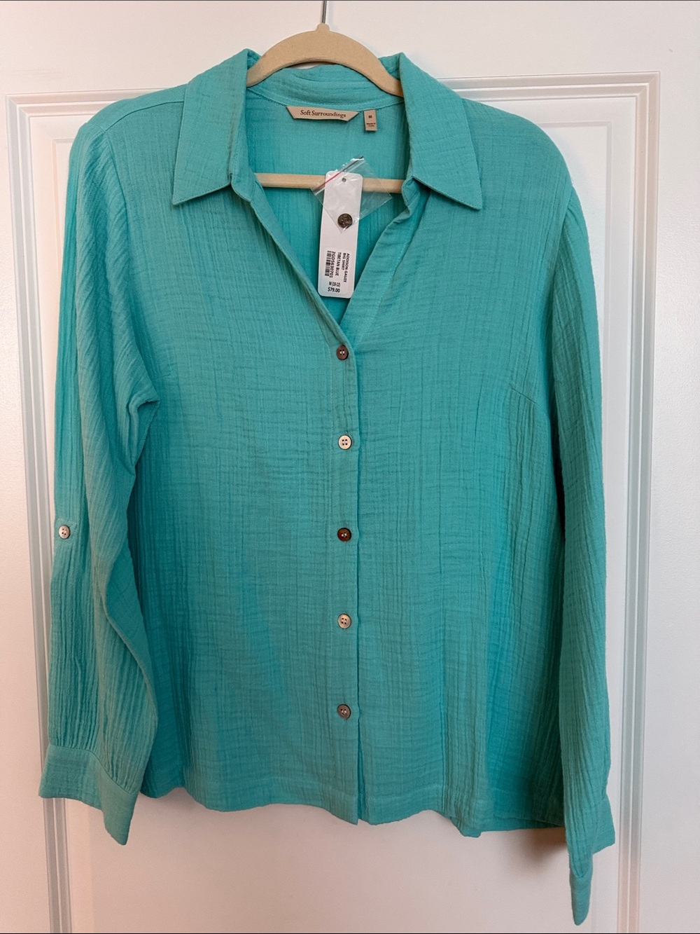 Soft Surroundings Addison Gauze Shirt in Tibetan Blue Button-Up Blouse Size Med.